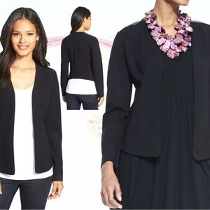 Eileen Fisher Black Leather panel trim viscose stretch Ponte jacket size: L
